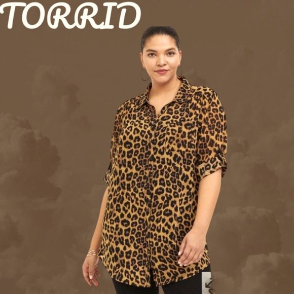 torrid Tops - NWOT TORRID Plus Size Chiffon Collard Button-Front Leopard Print Tunic- Shirt